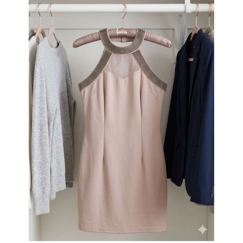 Silver Beaded Halter Neck Mesh Detail Bodycon Cocktail Dress - Blush Nude